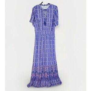 Knox Rose Maxi Dress Purple Coral Block Print LG Pocket Tier Ruffle Short Sleeve